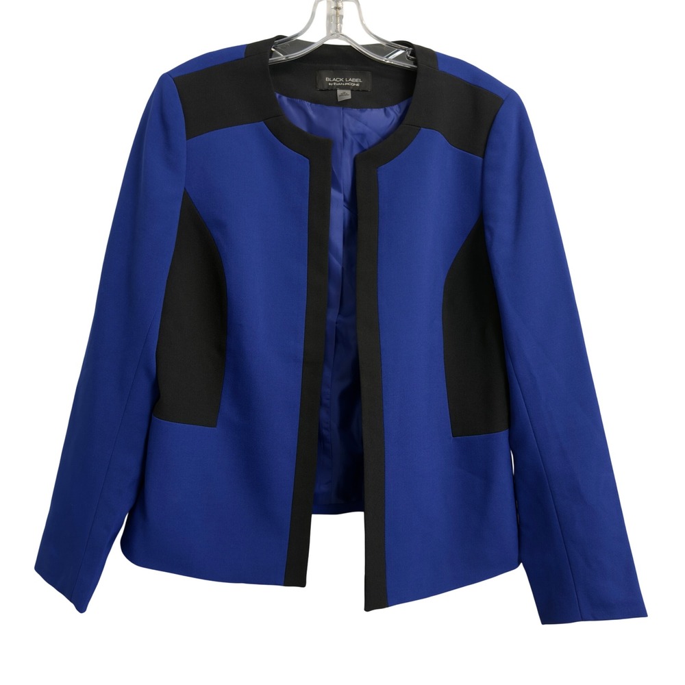 Black Label by Evan-Picone Women Blue Black Colorblock Open Front Blazer Size 10
